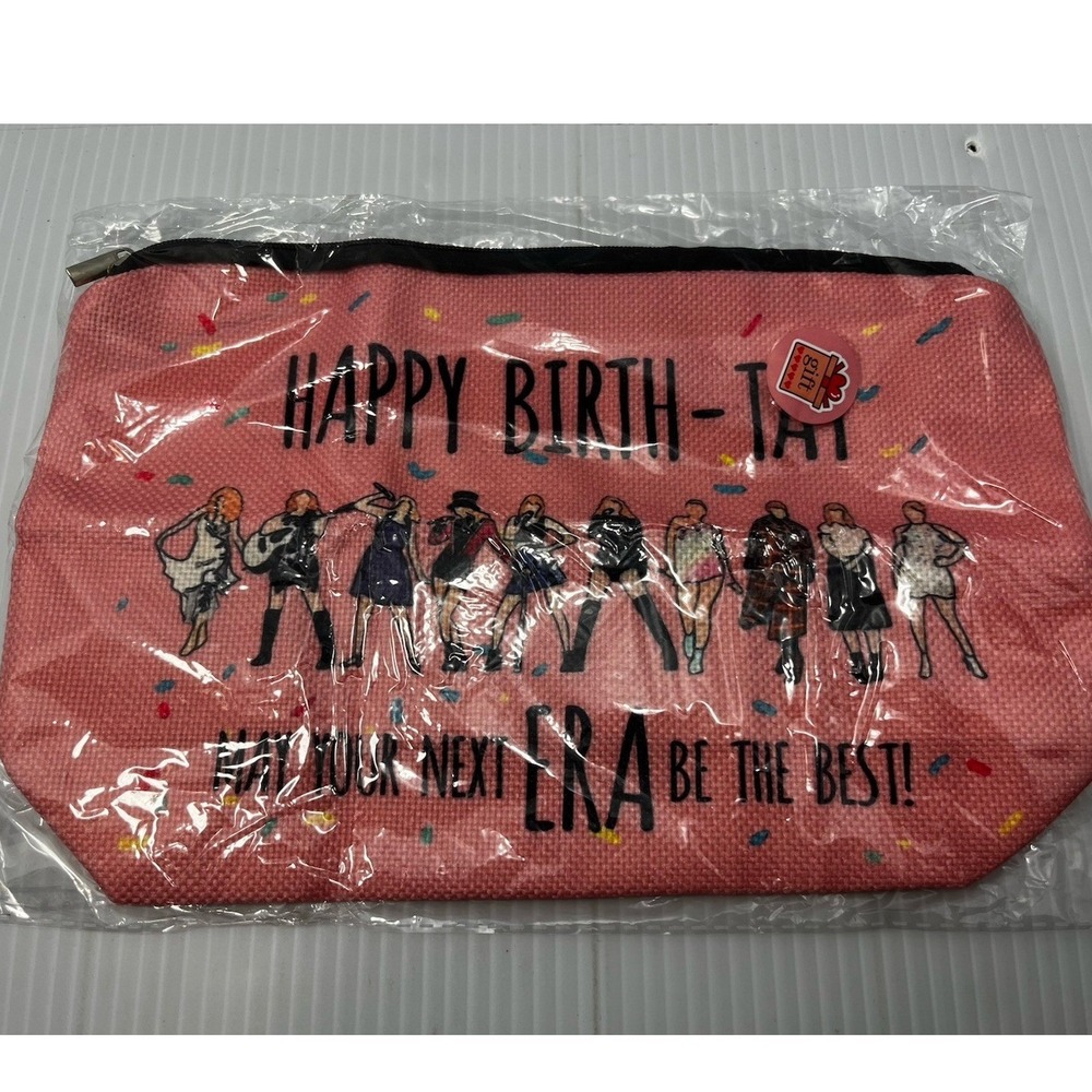 Makeup Bag Taylor Swift Happy‎ Birth TAY Themed Canvas Eras Pink Zipper Closure